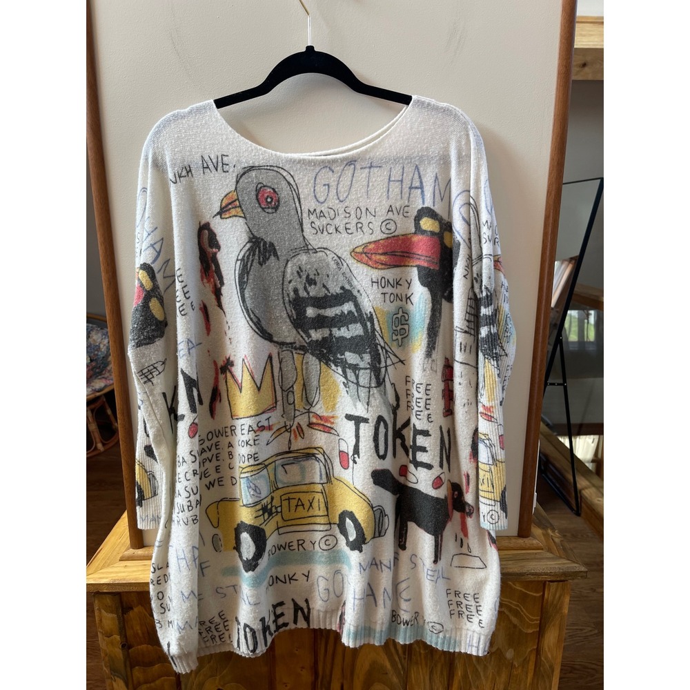 Coeur De Vague Graffiti Knit Oversized Sweater Womens OS White Basquiat Style